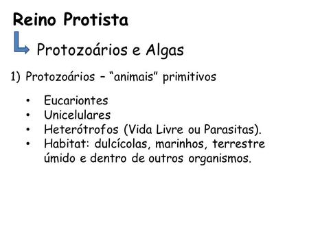 Reino Protista Protozoários e Algas 1)Protozoários – “animais” primitivos Eucariontes Unicelulares Heterótrofos (Vida Livre ou Parasitas). Habitat: dulcícolas,