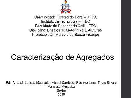 Caracterização de Agregados Universidade Federal do Pará – UFP A Instituto de Tecnologia – ITEC Faculdade de Engenharia Civil – FEC Disciplina: Ensaios.
