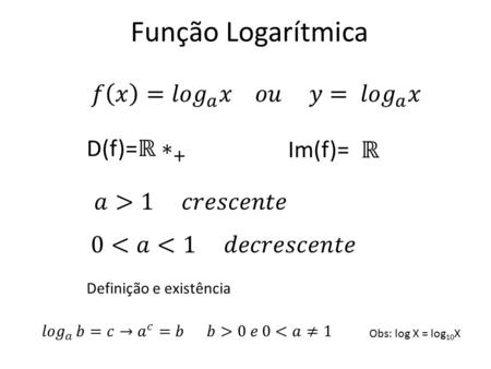 Função Logarítmica Im(f)= Definição e existência Obs: log X = log 10 X.