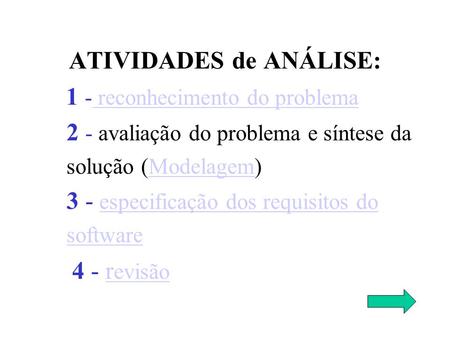 ATIVIDADES de ANÁLISE: 1 - reconhecimento do problema 2 - avaliação do problema e síntese da solução (Modelagem) 3 - especificação dos requisitos do software.