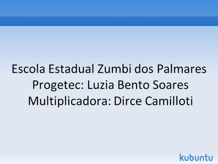 Escola Estadual Zumbi dos Palmares Progetec: Luzia Bento Soares Multiplicadora: Dirce Camilloti.