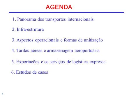1 AGENDA 1. Panorama dos transportes internacionais 3. Aspectos operacionais e formas de unitização 5. Exportações e os serviços de logística expressa.
