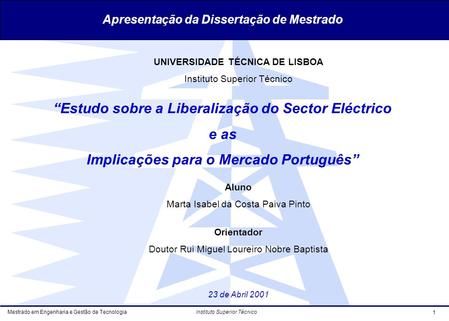 “Estudo sobre a Liberalização do Sector Eléctrico e as