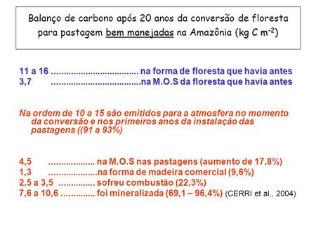 Bem manejadaskg C m -2 ) Balanço de carbono após 20 anos da conversão de floresta para pastagem bem manejadas na Amazônia (kg C m -2 ) 11 a 16....................................