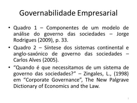 Governabilidade Empresarial Quadro 1 – Componentes de um modelo de análise do governo das sociedades – Jorge Rodrigues (2009), p. 33. Quadro 2 – Síntese.