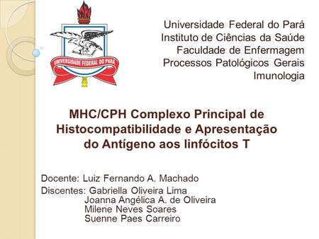 MHC/CPH Complexo Principal de Histocompatibilidade e Apresentação do Antígeno aos linfócitos T Docente: Luiz Fernando A. Machado Discentes: Gabriella Oliveira.