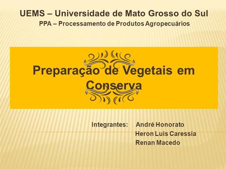 UEMS – Universidade de Mato Grosso do Sul PPA – Processamento de Produtos Agropecuários Preparação de Vegetais em Conserva Integrantes: André Honorato.