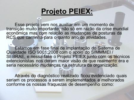 Projeto PEIEX: Esse projeto vem nos auxiliar em um momento de transição muito importante, não só em razão da crise mundial econômica mas com relação as.
