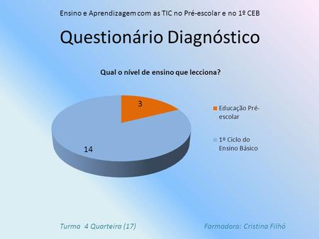 Questionário Diagnóstico Ensino e Aprendizagem com as TIC no Pré-escolar e no 1º CEB Turma 4 Quarteira (17) Formadora: Cristina Filhó.