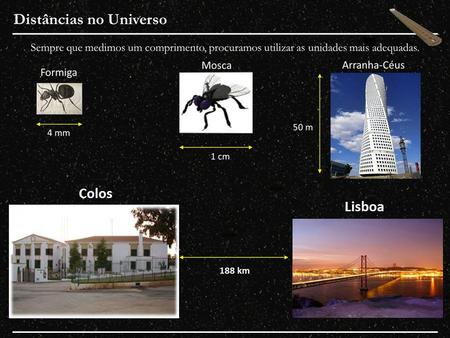 Distâncias no Universo – A Unidade Astronómica (UA) A Unidade Astronómica é a unidade utilizada para medir distâncias entre os astros do Sistema Solar.