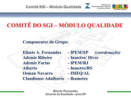 Comitê SGI – Módulo Qualidade Elizete Fernandes Diretoria da Qualidade – Ipem/SP COMITÊ DO SGI – MÓDULO QUALIDADE Componentes do Grupo: Elizete A. Fernandes.