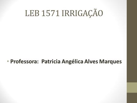 LEB 1571 IRRIGAÇÃO Professora: Patricia Angélica Alves Marques.