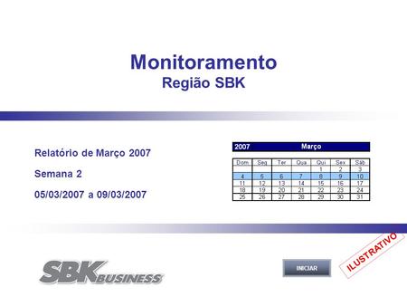 Monitoramento Região SBK Relatório de Março 2007 Semana 2 05/03/2007 a 09/03/2007 INICIAR ILUSTRATIVO.
