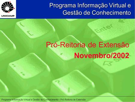 Programa Informação Virtual e Gestão de Conhecimento Pró-Reitoria de Extensão Novembro/2002 Programa Informação Virtual e Gestão do Conhecimento – Pró-Reitoria.