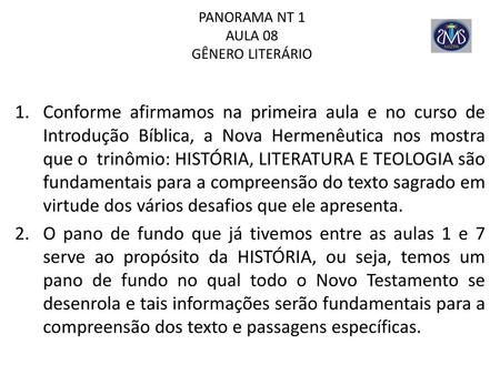 PANORAMA NT 1 AULA 08 GÊNERO LITERÁRIO