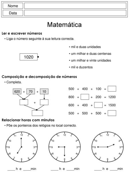 Matemática 1020 Nome Data Ler e escrever números
