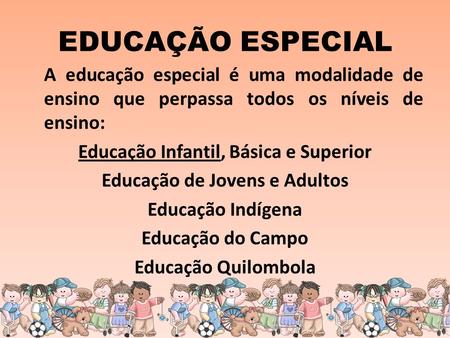 EDUCAÇÃO ESPECIAL A educação especial é uma modalidade de ensino que perpassa todos os níveis de ensino: Educação Infantil, Básica e Superior Educação.