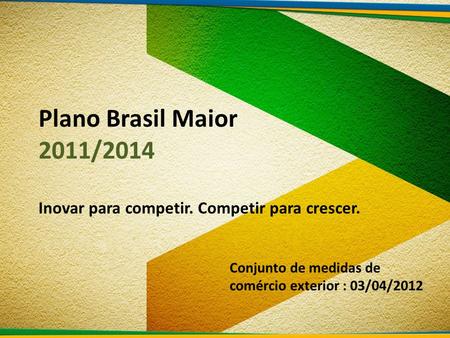 Plano Brasil Maior 2011/2014 Inovar para competir. Competir para crescer. Conjunto de medidas de comércio exterior : 03/04/2012.