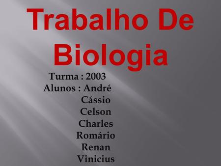 Trabalho De Biologia Turma : 2003 Alunos : André Cássio Celson Charles Romário.
