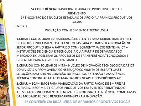 5ª CONFERÊNCIA BRASILEIRA DE ARRANJOS PRODUTIVOS LOCAIS 5ª CONFERÊNCIA BRASILEIRA DE ARRAJOS PRODUTIVOS LOCAIS PRÉ-EVENTO 1º ENCONTRO DOS NÚCLEOS ESTADUAIS.