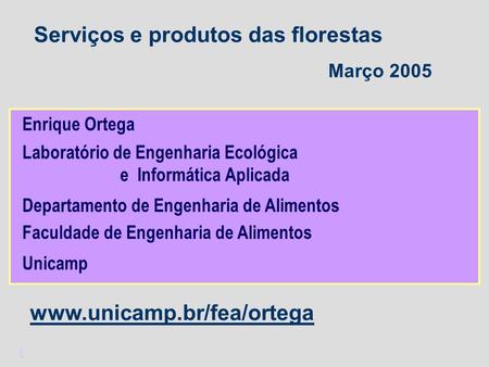 1 Serviços e produtos das florestas Março 2005 Enrique Ortega Departamento de Engenharia de Alimentos Laboratório de Engenharia Ecológica e Informática.