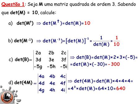 Questão 1: Seja M uma matriz quadrada de ordem 3. Sabendo