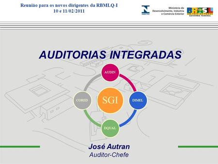 José Autran Auditor-Chefe AUDITORIAS INTEGRADAS SGI AUDINDIMELDQUALCORED Reunião para os novos dirigentes da RBMLQ-I 10 e 11/02/2011.