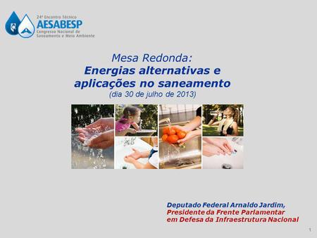 1 Mesa Redonda: Energias alternativas e aplicações no saneamento (dia 30 de julho de 2013) Deputado Federal Arnaldo Jardim, Presidente da Frente Parlamentar.
