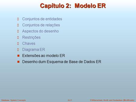 2.2.1Database System Concepts©Silberschatz, Korth and Sudarshan (Modificado) Capítulo 2: Modelo ER Conjuntos de entidades Conjuntos de relações Aspectos.