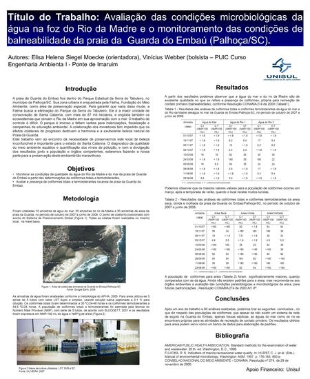 Título do Trabalho: Avaliação das condições microbiológicas da água na foz do Rio da Madre e o monitoramento das condições de balneabilidade da praia da.