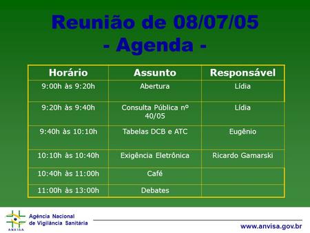 Agência Nacional de Vigilância Sanitária www.anvisa.gov.br Reunião de 08/07/05 - Agenda - HorárioAssuntoResponsável 9:00h às 9:20hAberturaLídia 9:20h às.