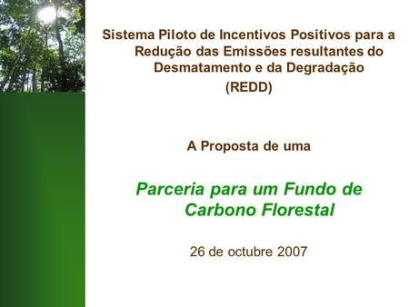 Sistema Piloto de Incentivos Positivos para a Redução das Emissões resultantes do Desmatamento e da Degradação (REDD) A Proposta de uma Parceria para um.