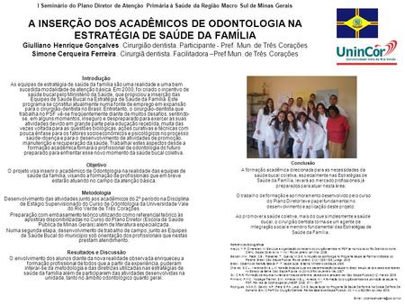 I Seminário do Plano Diretor de Atenção Primária à Saúde da Região Macro Sul de Minas Gerais A INSERÇÃO DOS ACADÊMICOS DE ODONTOLOGIA NA ESTRATÉGIA DE.