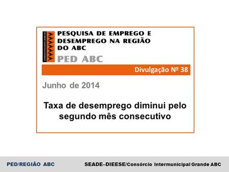 PED/REGIÃO ABCSEADE–DIEESE/ Consórcio Intermunicipal Grande ABC Junho de 2014 Divulgação N o 38 Taxa de desemprego diminui pelo segundo mês consecutivo.