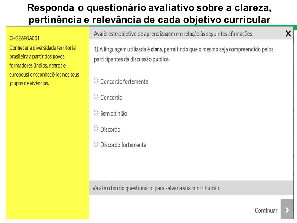 Responda o questionário avaliativo sobre a clareza, pertinência e relevância de cada objetivo curricular