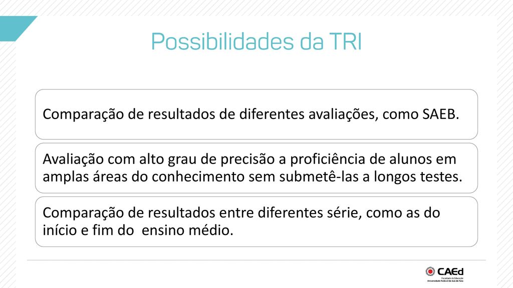 Possibilidades da TRI Comparação de resultados de diferentes avaliações, como SAEB.
