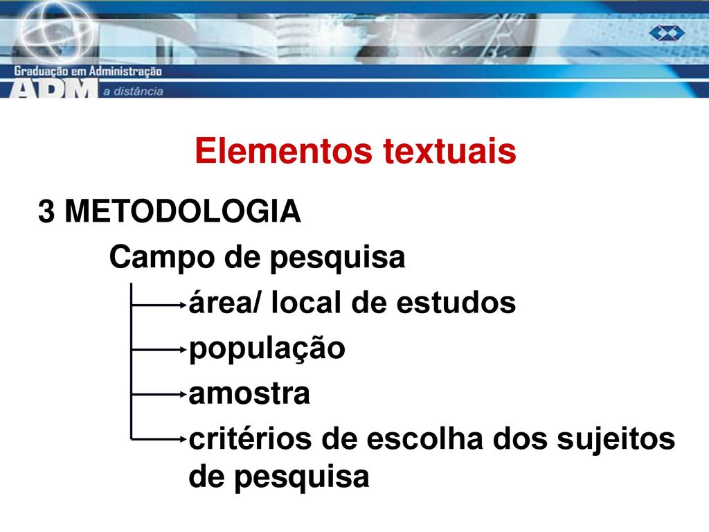 Elementos textuais 3 METODOLOGIA Campo de pesquisa