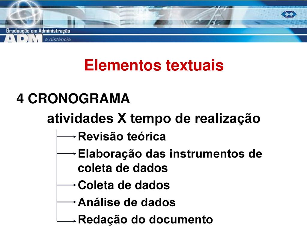 Elementos textuais 4 CRONOGRAMA atividades X tempo de realização