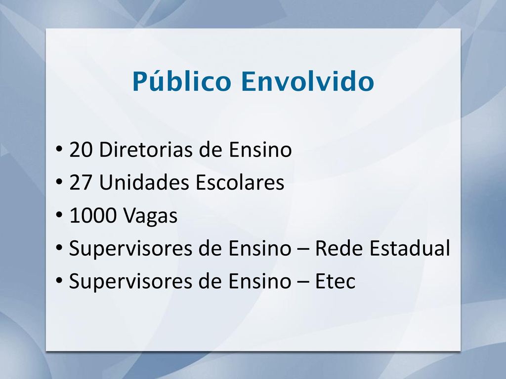 Público Envolvido 20 Diretorias de Ensino 27 Unidades Escolares