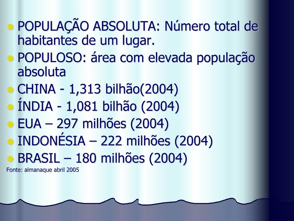 POPULAÇÃO ABSOLUTA: Número total de habitantes de um lugar.