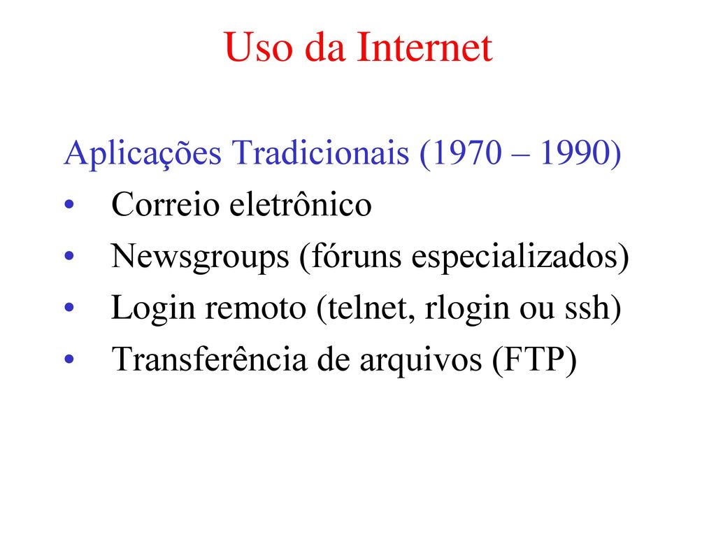 Uso da Internet Aplicações Tradicionais (1970 – 1990)