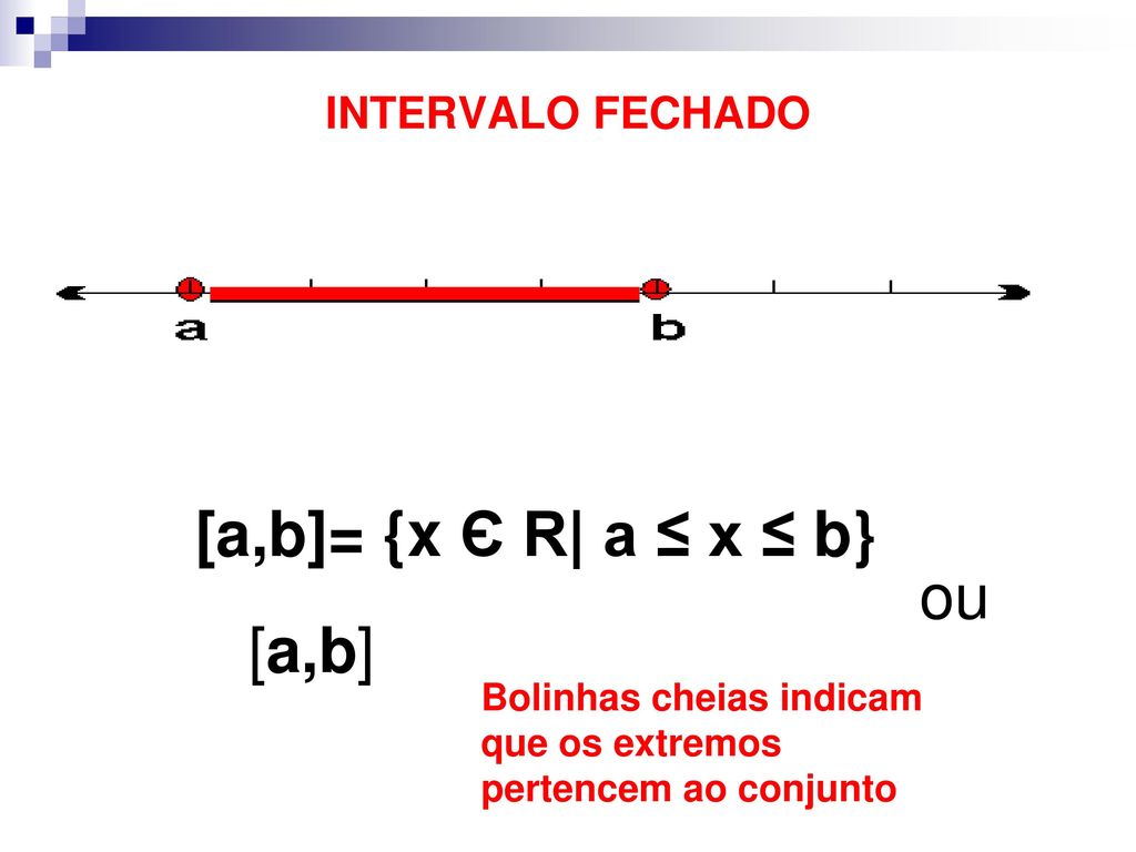 [a,b]= {x Є R| a ≤ x ≤ b} ou [a,b] INTERVALO FECHADO