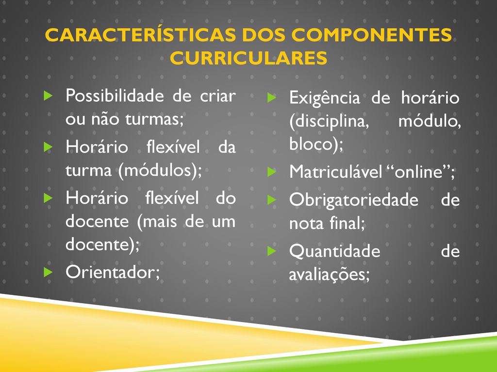 Características dos Componentes Curriculares