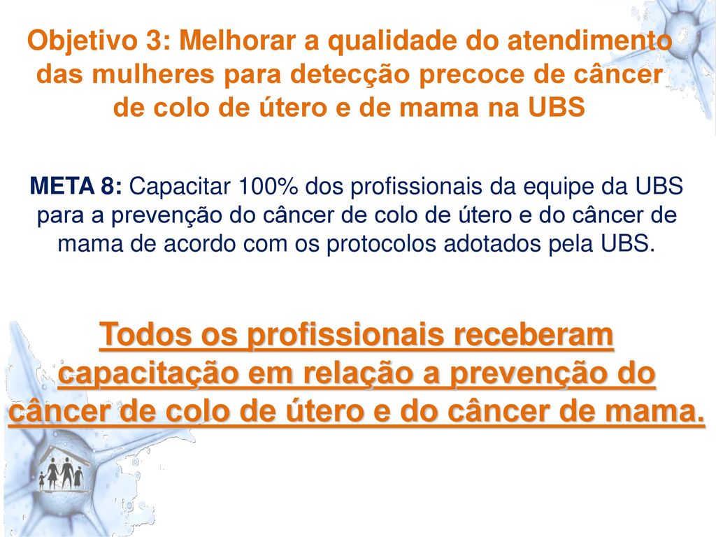 Objetivo 3: Melhorar a qualidade do atendimento das mulheres para detecção precoce de câncer de colo de útero e de mama na UBS