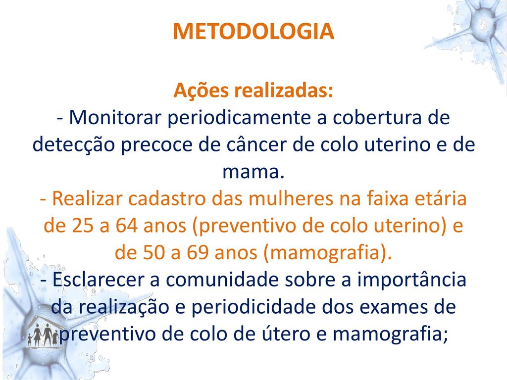 METODOLOGIA Ações realizadas: - Monitorar periodicamente a cobertura de detecção precoce de câncer de colo uterino e de mama.