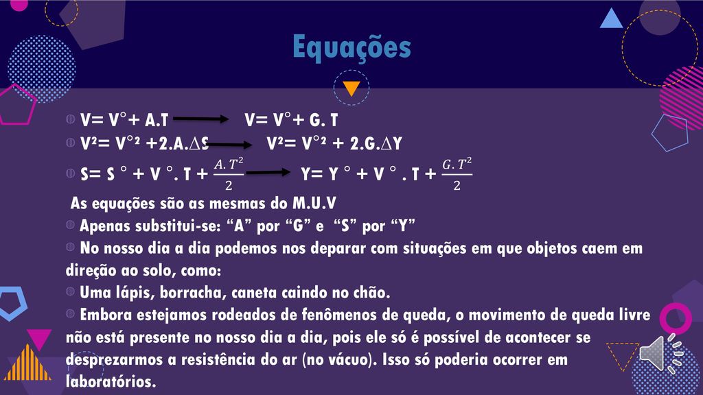 Equações V= V°+ A.T V= V°+ G. T V²= V°² +2.A.∆S V²= V°² + 2.G.∆Y