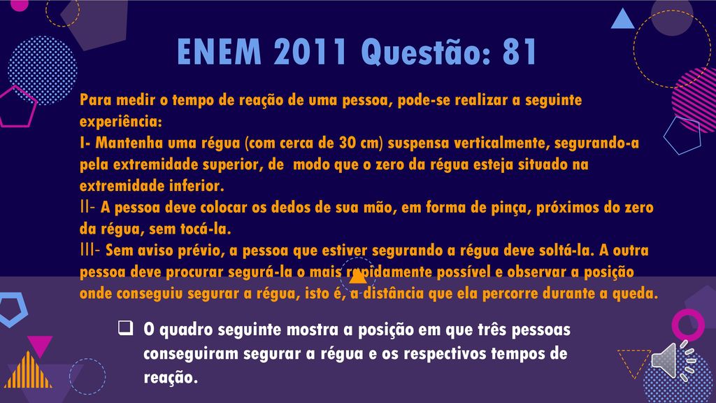 ENEM 2011 Questão: 81 Para medir o tempo de reação de uma pessoa, pode-se realizar a seguinte experiência: