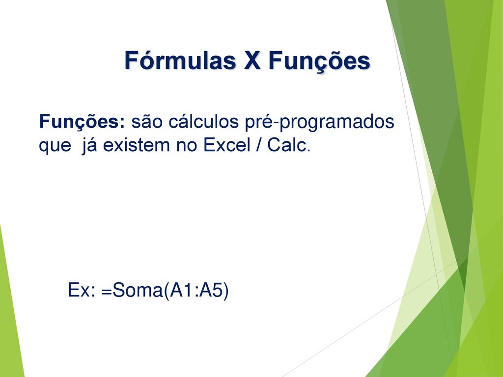 Fórmulas X Funções Funções: são cálculos pré-programados que já existem no Excel / Calc.