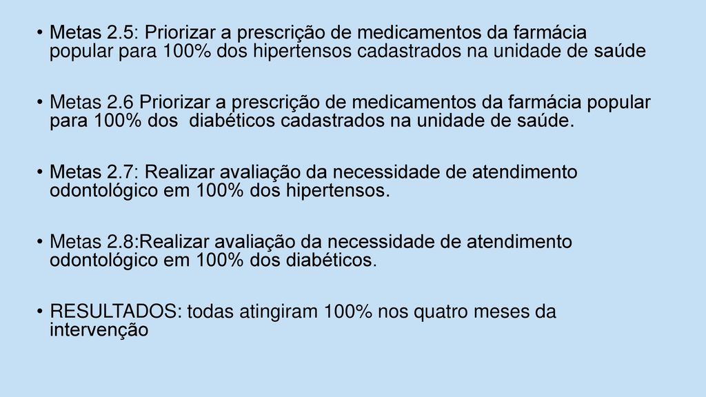 Metas 2.5: Priorizar a prescrição de medicamentos da farmácia popular para 100% dos hipertensos cadastrados na unidade de saúde