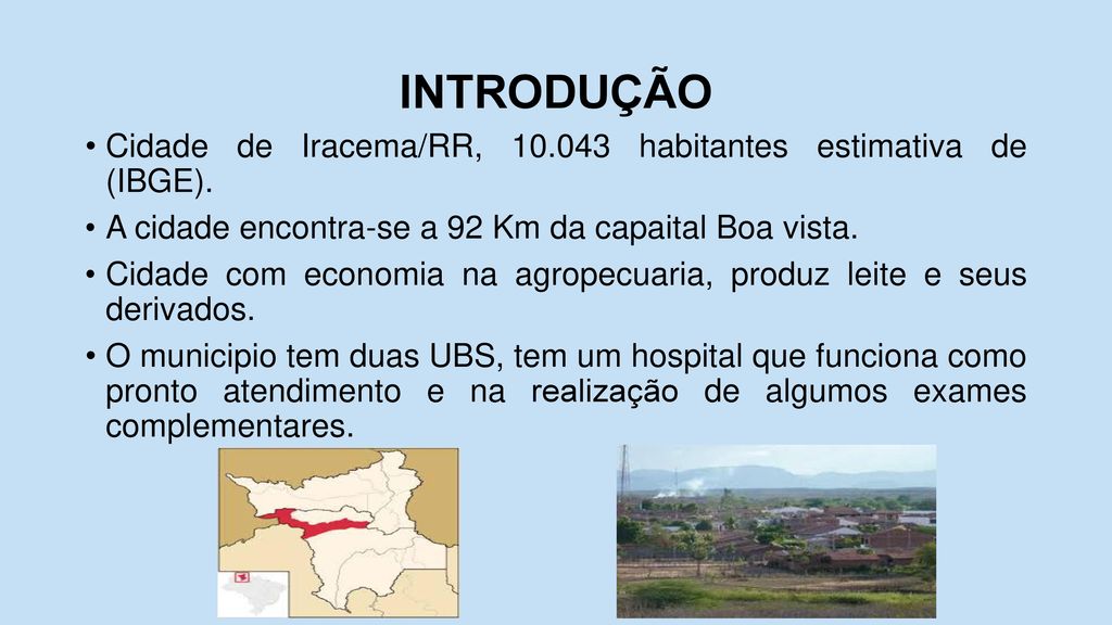 INTRODUÇÃO Cidade de Iracema/RR, habitantes estimativa de (IBGE). A cidade encontra-se a 92 Km da capaital Boa vista.